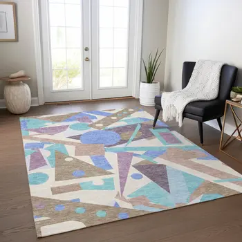 8' X 10' Brown Plum Teal Blue And Ivory Geometric Washable Indoor Outdoor Area Rug