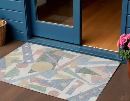 3' X 5' Sky Blue Blush And Ivory Geometric Washable Indoor Outdoor Area Rug