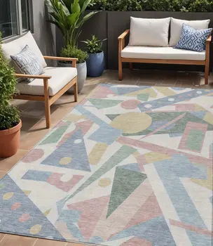 5' X 8' Sky Blue Blush And Ivory Geometric Washable Indoor Outdoor Area Rug