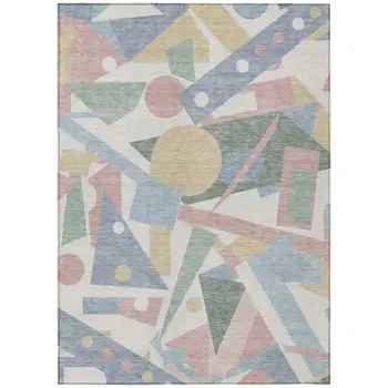 5' X 8' Sky Blue Blush And Ivory Geometric Washable Indoor Outdoor Area Rug
