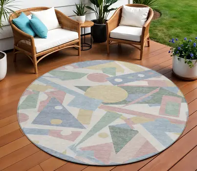 8' Sky Blue Blush And Ivory Round Geometric Washable Indoor Outdoor Area Rug