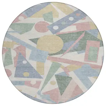 8' Sky Blue Blush And Ivory Round Geometric Washable Indoor Outdoor Area Rug