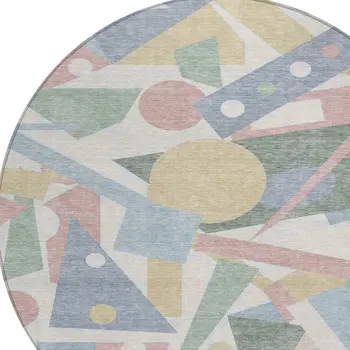 8' Sky Blue Blush And Ivory Round Geometric Washable Indoor Outdoor Area Rug