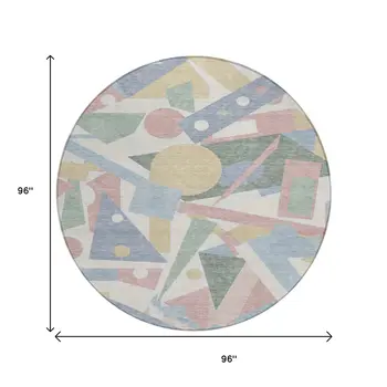 8' Sky Blue Blush And Ivory Round Geometric Washable Indoor Outdoor Area Rug