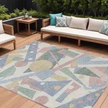 10' X 14' Sky Blue Blush And Ivory Geometric Washable Indoor Outdoor Area Rug