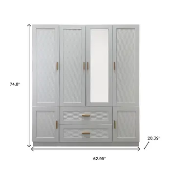 75" White Ribbed Texture Wood Mirrored Six Door Two Drawer Combo Dresser