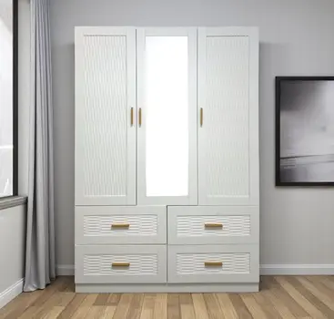 75" White Ribbed Texture Wood Mirrored Three Door Four Drawer Combo Dresser
