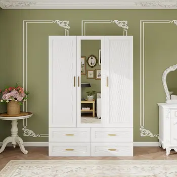 75" White Ribbed Texture Wood Mirrored Three Door Four Drawer Combo Dresser