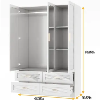 75" White Ribbed Texture Wood Mirrored Three Door Four Drawer Combo Dresser
