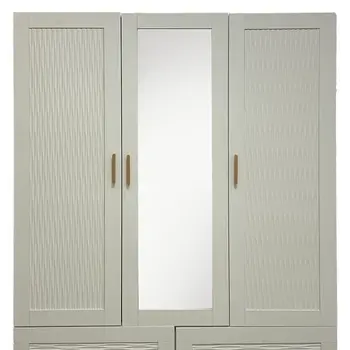 75" White Ribbed Texture Wood Mirrored Three Door Four Drawer Combo Dresser