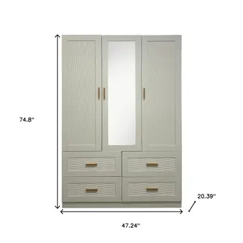 75" White Ribbed Texture Wood Mirrored Three Door Four Drawer Combo Dresser