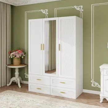 75" White Ribbed Texture Wood Mirrored Three Door Four Drawer Combo Dresser
