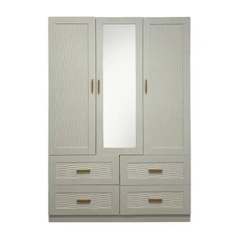 75" White Ribbed Texture Wood Mirrored Three Door Four Drawer Combo Dresser