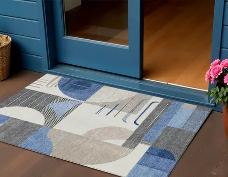 3' X 5' Blue Gray And Ivory Geometric Washable Indoor Outdoor Area Rug