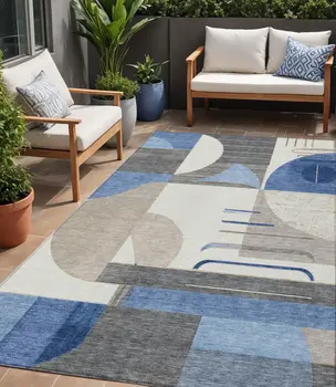 5' X 8' Blue Gray And Ivory Geometric Washable Indoor Outdoor Area Rug