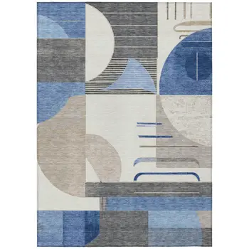 5' X 8' Blue Gray And Ivory Geometric Washable Indoor Outdoor Area Rug
