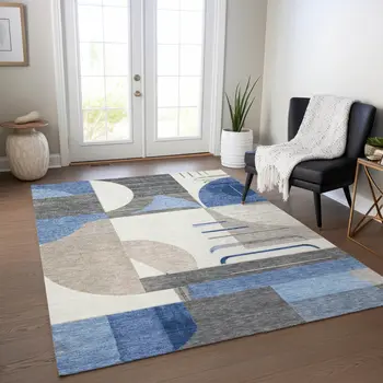 5' X 8' Blue Gray And Ivory Geometric Washable Indoor Outdoor Area Rug
