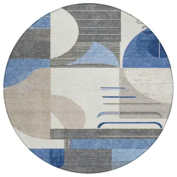8' Blue Gray And Ivory Round Geometric Washable Indoor Outdoor Area Rug