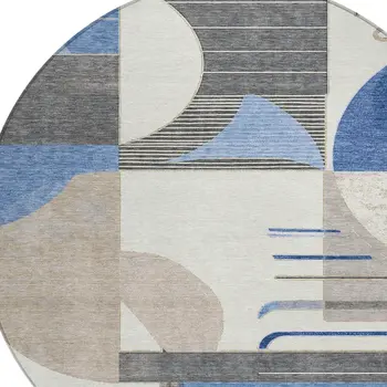 8' Blue Gray And Ivory Round Geometric Washable Indoor Outdoor Area Rug