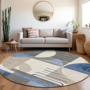 8' Blue Gray And Ivory Round Geometric Washable Indoor Outdoor Area Rug