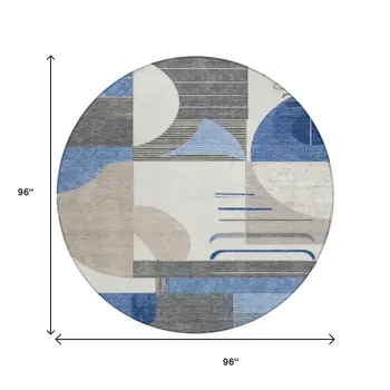 8' Blue Gray And Ivory Round Geometric Washable Indoor Outdoor Area Rug