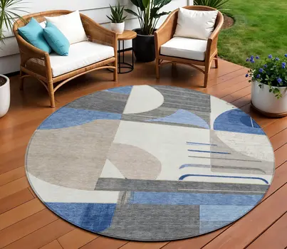 8' Blue Gray And Ivory Round Geometric Washable Indoor Outdoor Area Rug