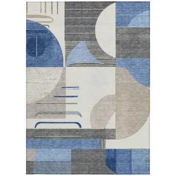 8' X 10' Blue Gray And Ivory Geometric Washable Indoor Outdoor Area Rug