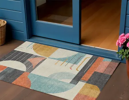 3' X 5' Gray Gold Salmon And Ivory Geometric Washable Indoor Outdoor Area Rug