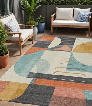 5' X 8' Gray Gold Salmon And Ivory Geometric Washable Indoor Outdoor Area Rug