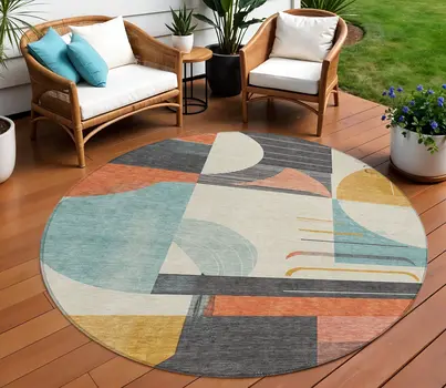 8' Gray Gold Salmon And Ivory Round Geometric Washable Indoor Outdoor Area Rug