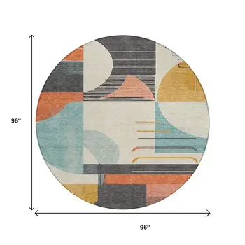 8' Gray Gold Salmon And Ivory Round Geometric Washable Indoor Outdoor Area Rug