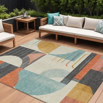 8' X 10' Gray Gold Salmon And Ivory Geometric Washable Indoor Outdoor Area Rug