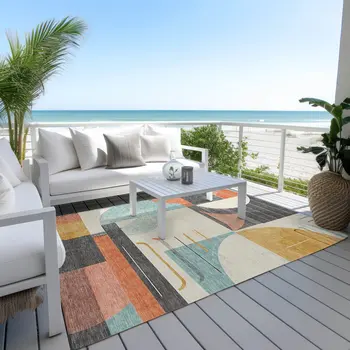 8' X 10' Gray Gold Salmon And Ivory Geometric Washable Indoor Outdoor Area Rug