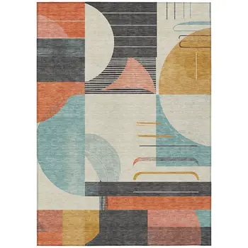 9' X 12' Gray Gold Salmon And Ivory Geometric Washable Indoor Outdoor Area Rug