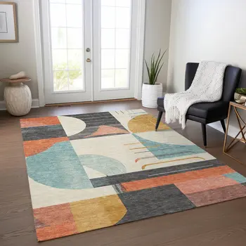 9' X 12' Gray Gold Salmon And Ivory Geometric Washable Indoor Outdoor Area Rug