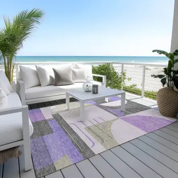 3' X 5' Lavender Gray And Silver Geometric Washable Indoor Outdoor Area Rug