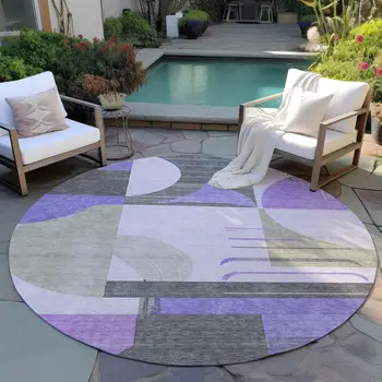 8' Lavender Gray And Silver Round Geometric Washable Indoor Outdoor Area Rug