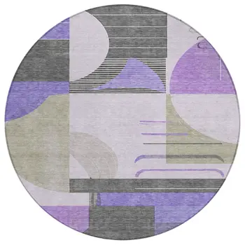 8' Lavender Gray And Silver Round Geometric Washable Indoor Outdoor Area Rug