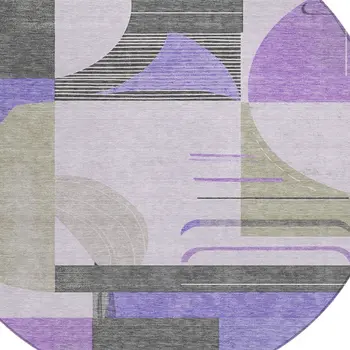 8' Lavender Gray And Silver Round Geometric Washable Indoor Outdoor Area Rug