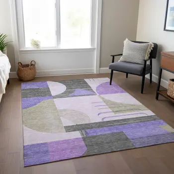 8' X 10' Lavender Gray And Silver Geometric Washable Indoor Outdoor Area Rug