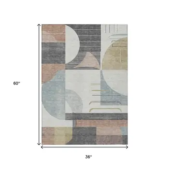 3' X 5' Rust Gray And Ivory Geometric Washable Indoor Outdoor Area Rug