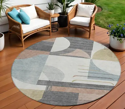 8' Rust Gray And Ivory Round Geometric Washable Indoor Outdoor Area Rug