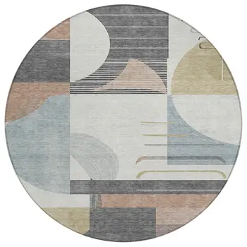 8' Rust Gray And Ivory Round Geometric Washable Indoor Outdoor Area Rug
