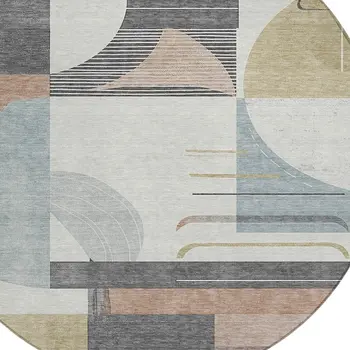 8' Rust Gray And Ivory Round Geometric Washable Indoor Outdoor Area Rug