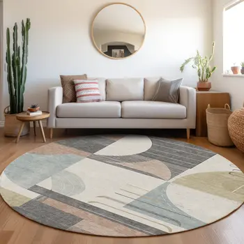 8' Rust Gray And Ivory Round Geometric Washable Indoor Outdoor Area Rug