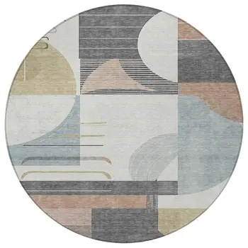 8' Rust Gray And Ivory Round Geometric Washable Indoor Outdoor Area Rug