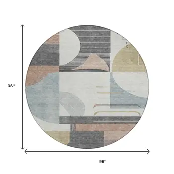 8' Rust Gray And Ivory Round Geometric Washable Indoor Outdoor Area Rug