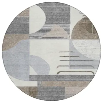 8' Taupe Gray And Ivory Round Geometric Washable Indoor Outdoor Area Rug