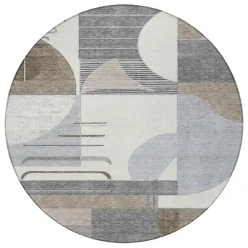 8' Taupe Gray And Ivory Round Geometric Washable Indoor Outdoor Area Rug