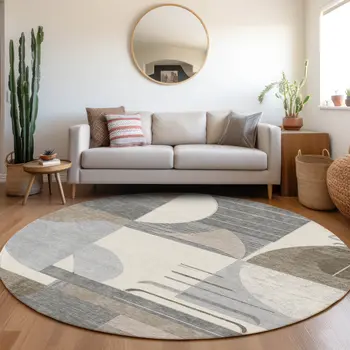 8' Taupe Gray And Ivory Round Geometric Washable Indoor Outdoor Area Rug